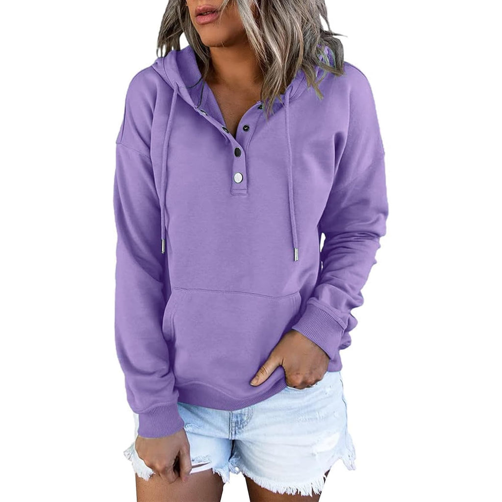 Women's Casual Button-Neck Long Sleeve Hoodie – Oversized Pullover Sweatshirt with Pocket