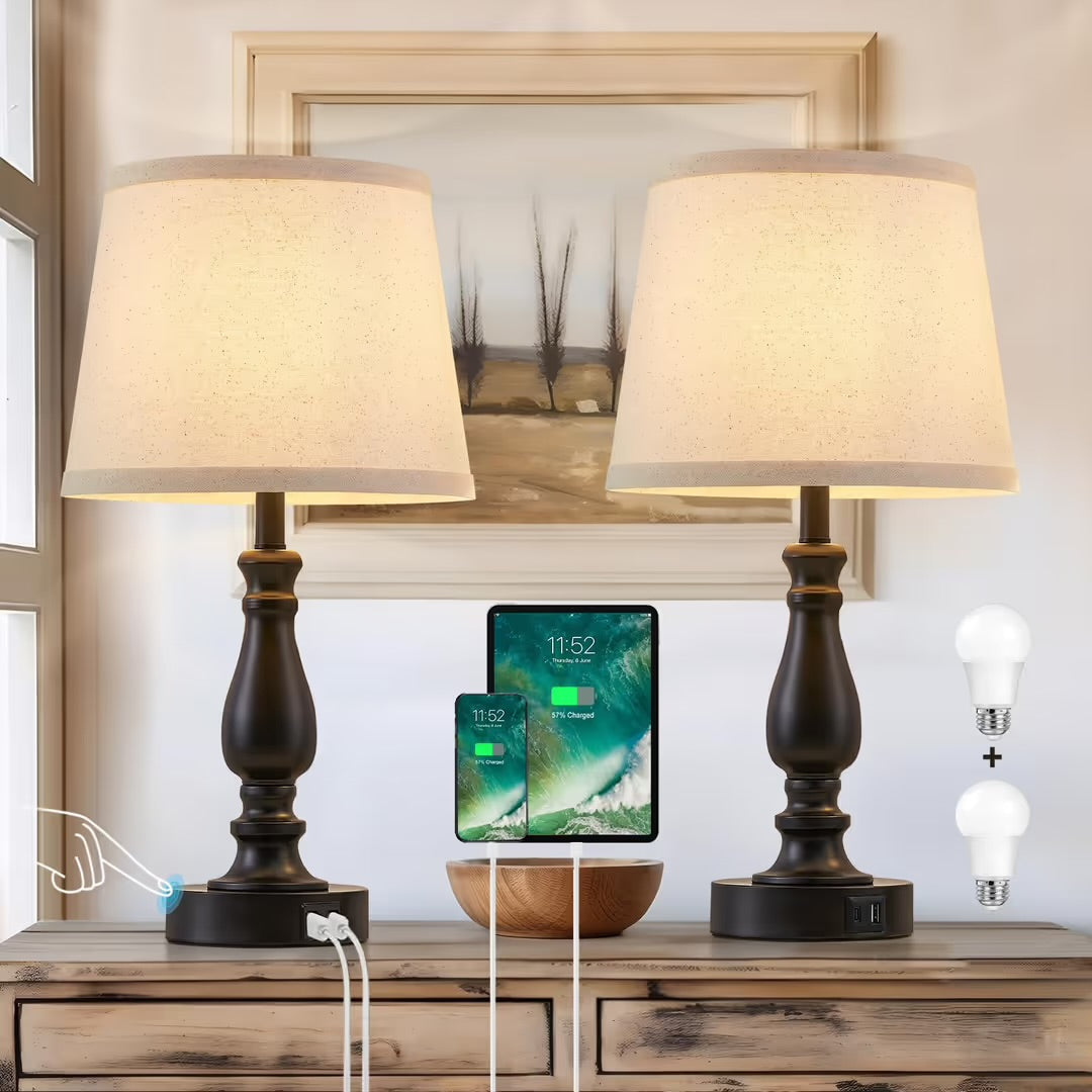 Modern Bedside Table Lamps – Set of 2 with USB-A & USB-C Charging Ports
