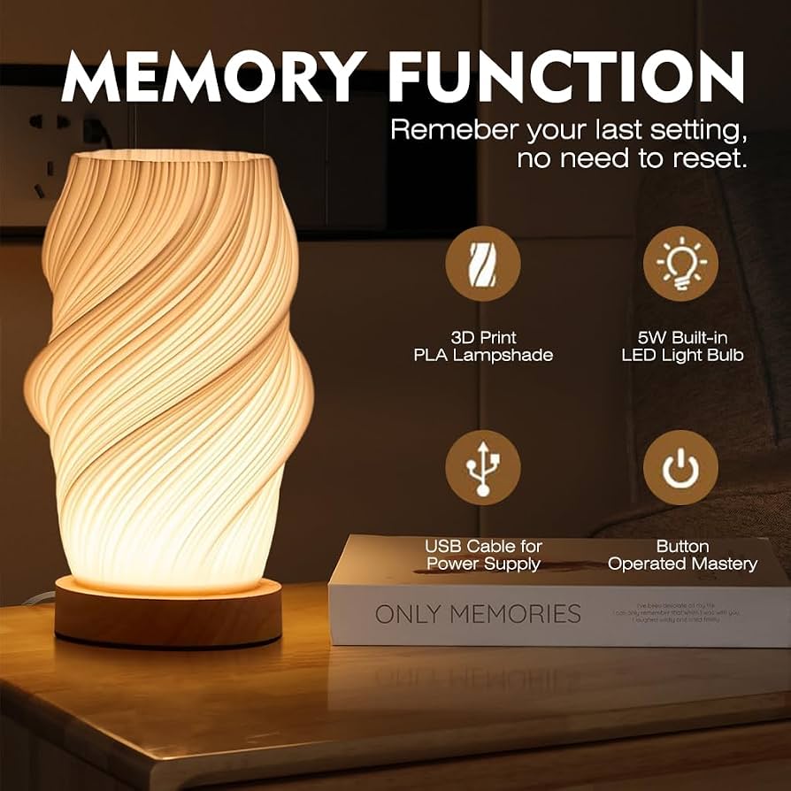 3D Printed Spiral LED Table Lamp – 3 Colour Temperatures & 9 Brightness Levels
