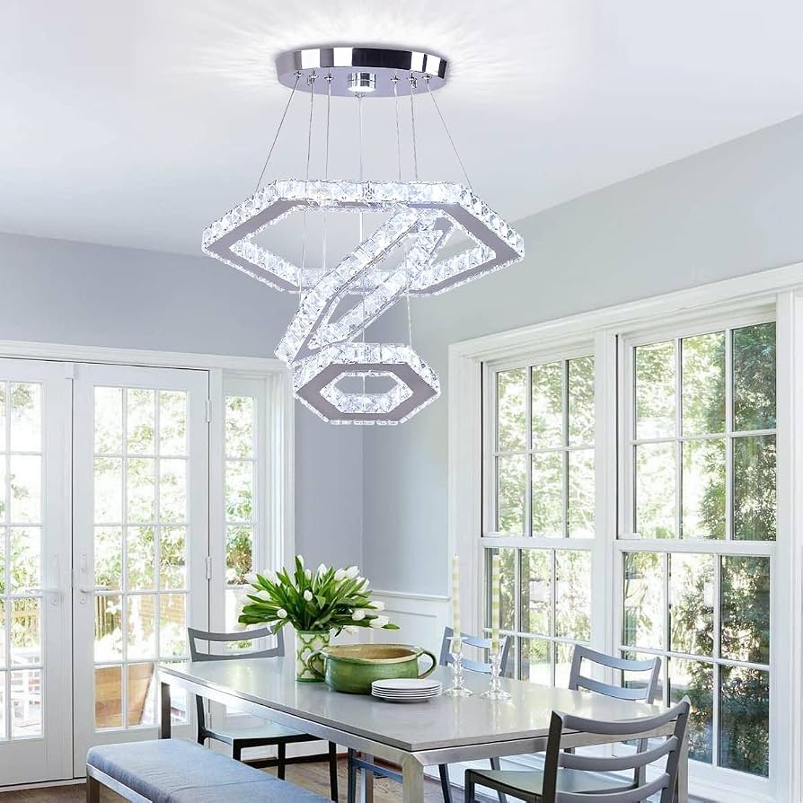 Modern 3-Ring K9 Crystal LED Chandelier – Dimmable Pendant Ceiling Light With Remote
