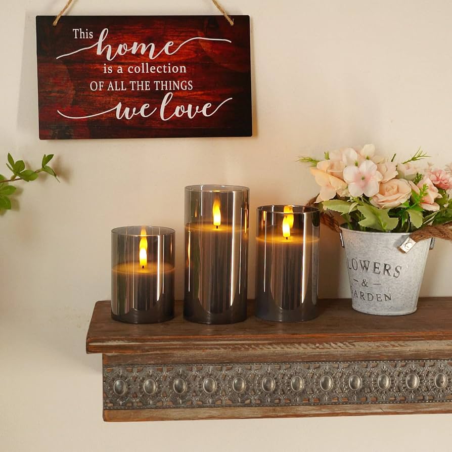 Grey Glass Flameless LED Candle Set with remote (3-Piece)