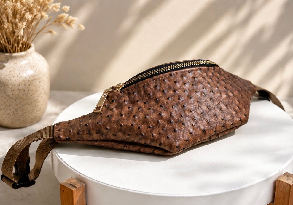 Brown Ostrich-Embossed Vegan Leather Belt Bag