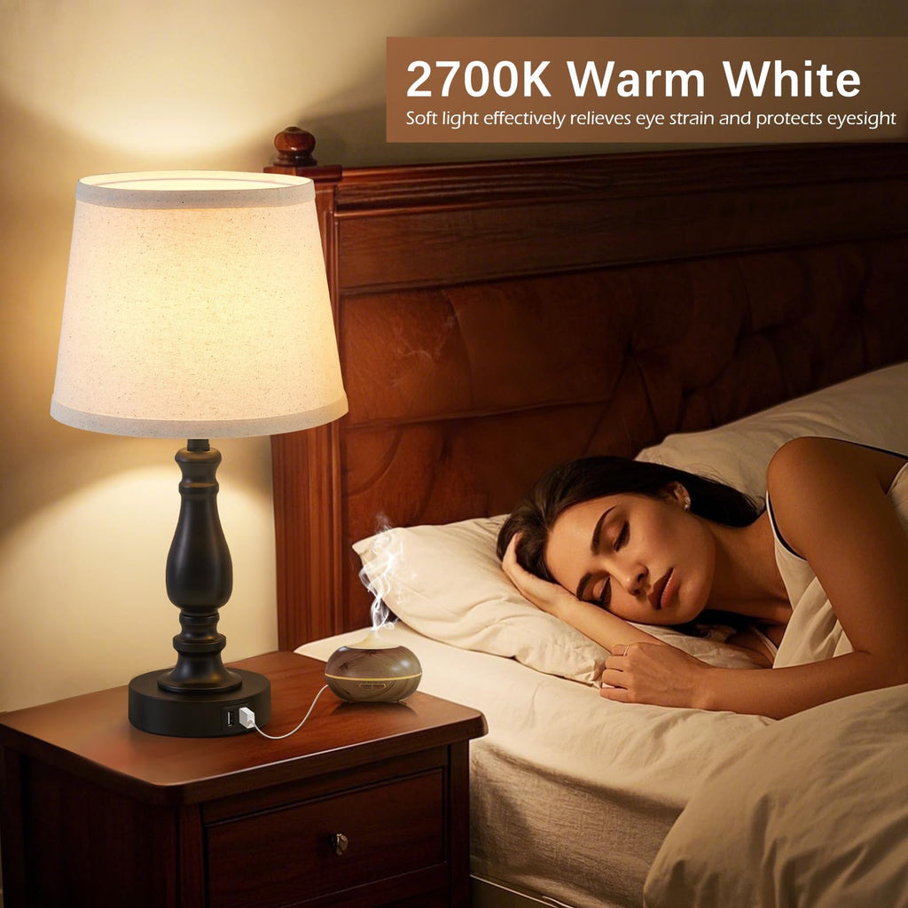 Modern Bedside Table Lamps – Set of 2 with USB-A & USB-C Charging Ports