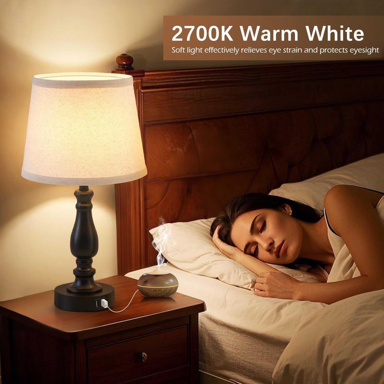 Modern Bedside Table Lamps – Set of 2 with USB-A & USB-C Charging Ports