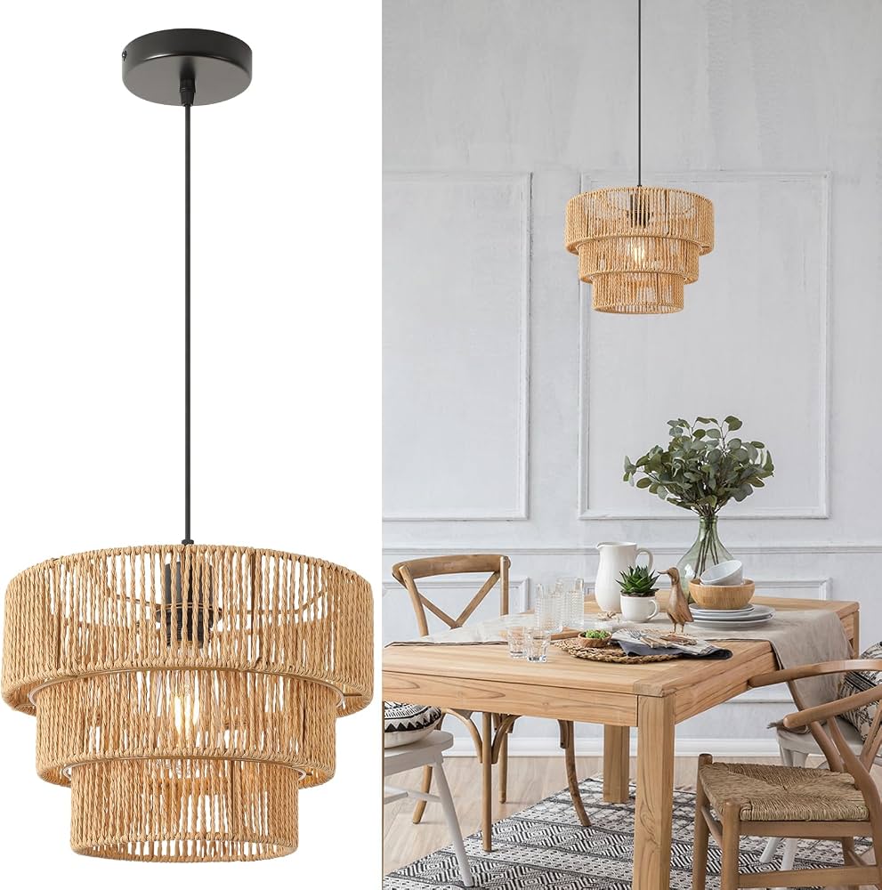 Boho Woven Rattan Pendant Light – Adjustable E27 Ceiling Lamp | Natural Paper Rope Hanging Light