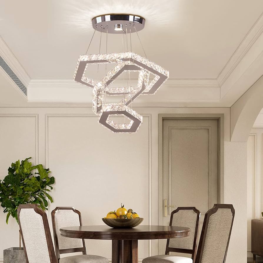 Modern 3-Ring K9 Crystal LED Chandelier – Dimmable Pendant Ceiling Light With Remote