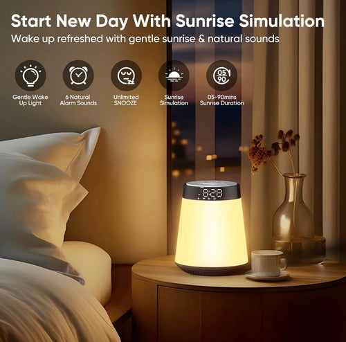 All-in-One Sunrise Alarm Clock & Bluetooth Speaker – White Noise Machine, 12-Color Night Light & Sleep Sound Machine