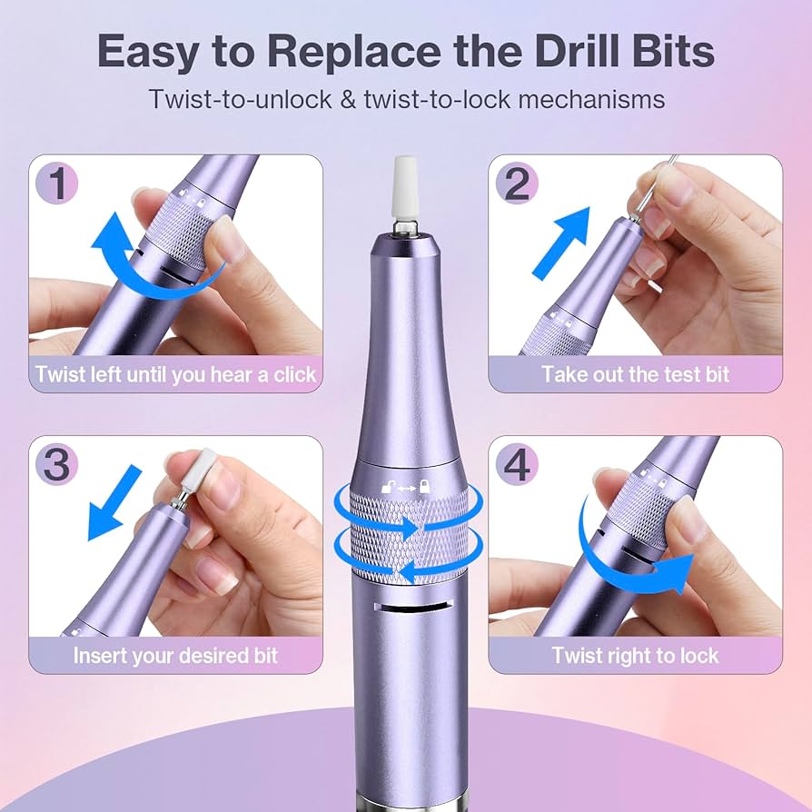 Professional Electric Nail Drill 40000RPM | Urbuti 36W E-File with Smart LCD Screen & 12 Bits (Purple)
