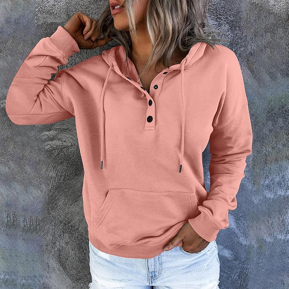 Women's Casual Button-Neck Long Sleeve Hoodie – Oversized Pullover Sweatshirt with Pocket