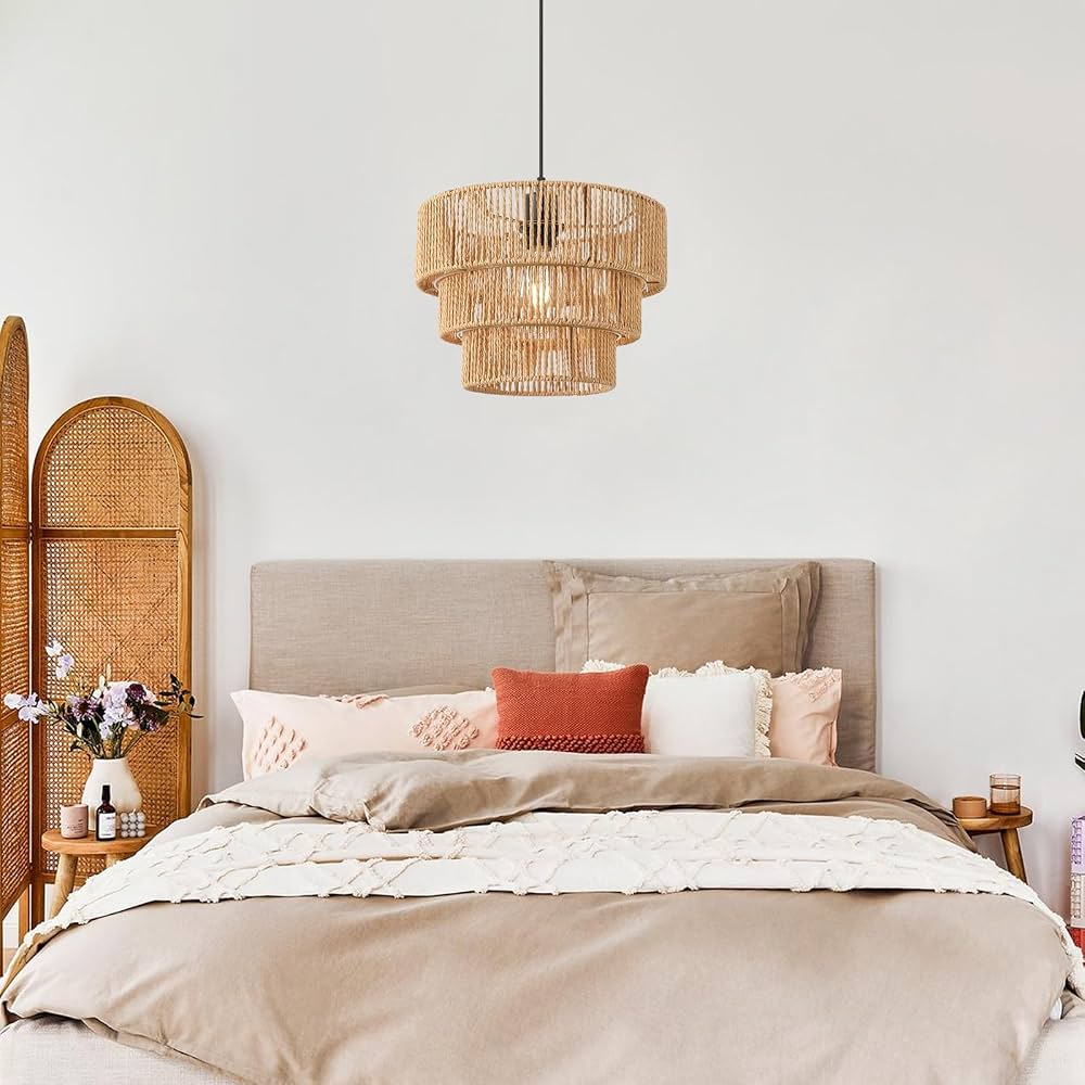 Boho Woven Rattan Pendant Light – Adjustable E27 Ceiling Lamp | Natural Paper Rope Hanging Light