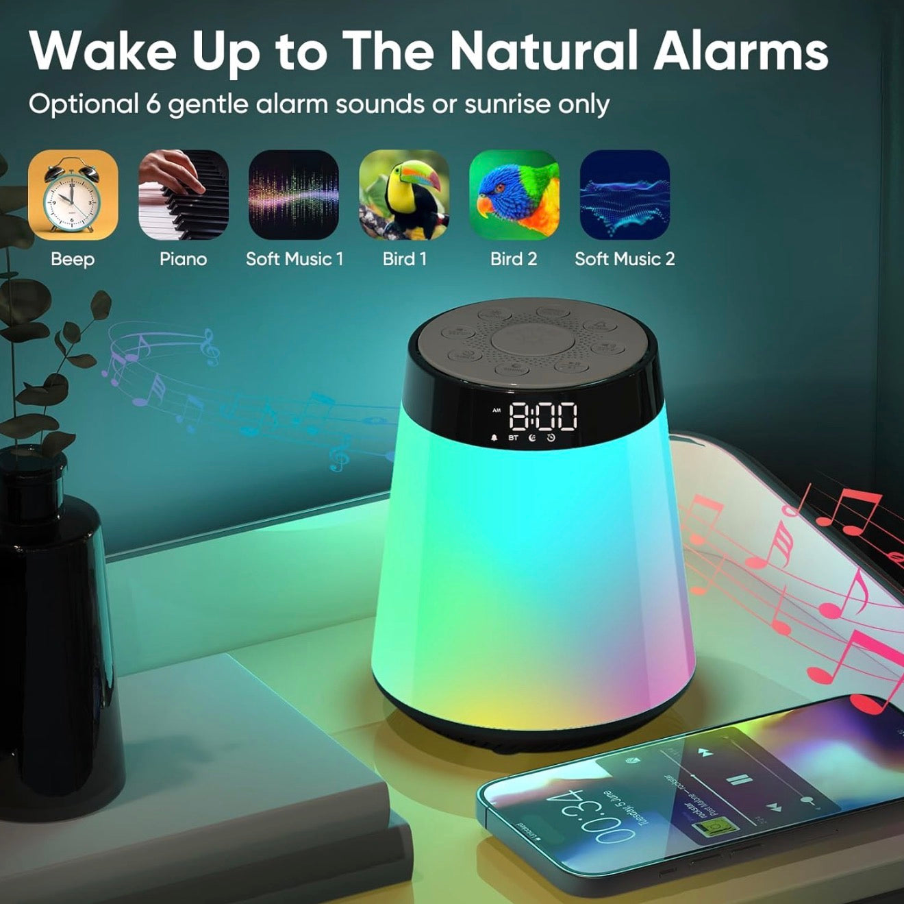 All-in-One Sunrise Alarm Clock & Bluetooth Speaker – White Noise Machine, 12-Color Night Light & Sleep Sound Machine