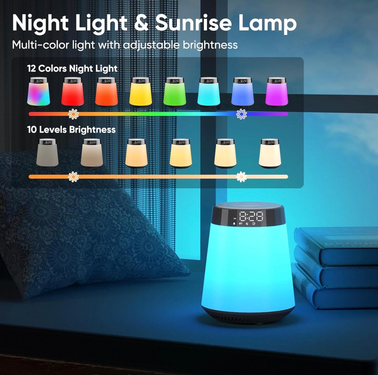 All-in-One Sunrise Alarm Clock & Bluetooth Speaker – White Noise Machine, 12-Color Night Light & Sleep Sound Machine