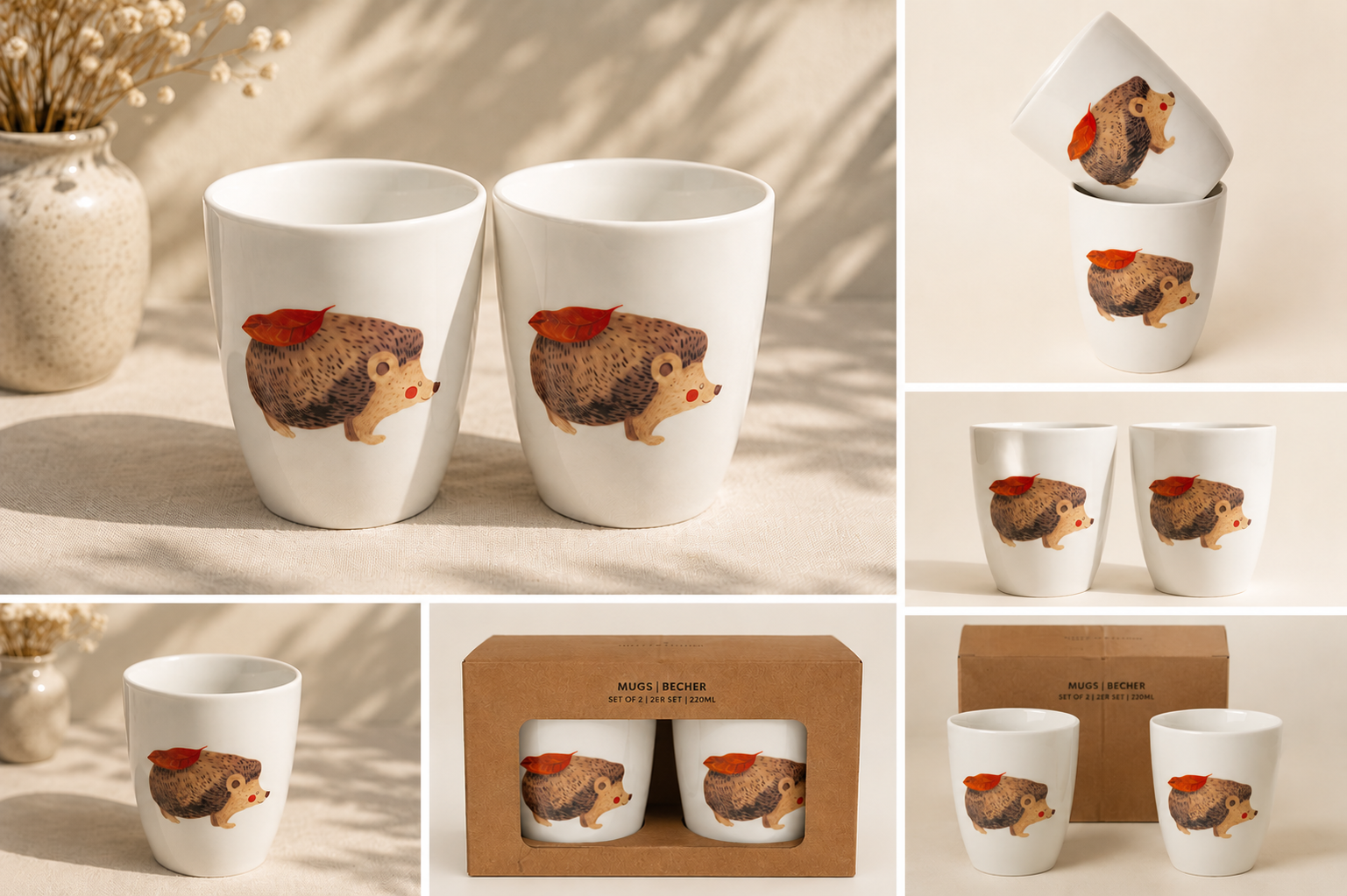 Hedgehog Ceramic Mug Set – Set of 2 | 220ml