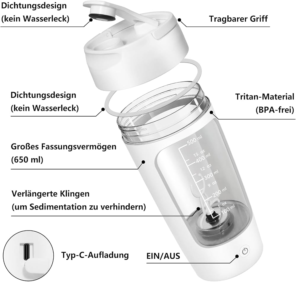 SOARFLY Electric Protein Shaker With Powder Compartment, 650 ml, USB Rechargeable, Mixer for Milk Shake, BPA-Free