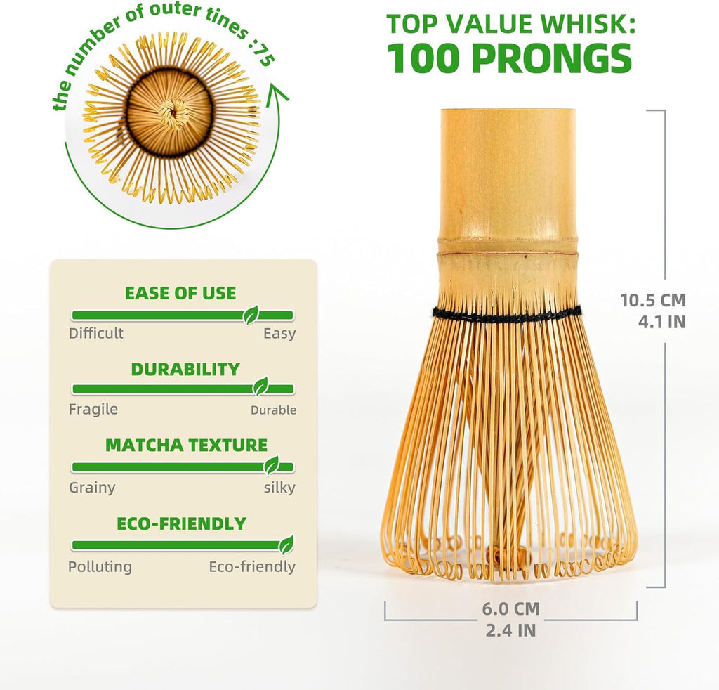 Matcha Tea Set with 100-Prong Bamboo Whisk, Scoop, Spoon & Ceramic Whisk Holder