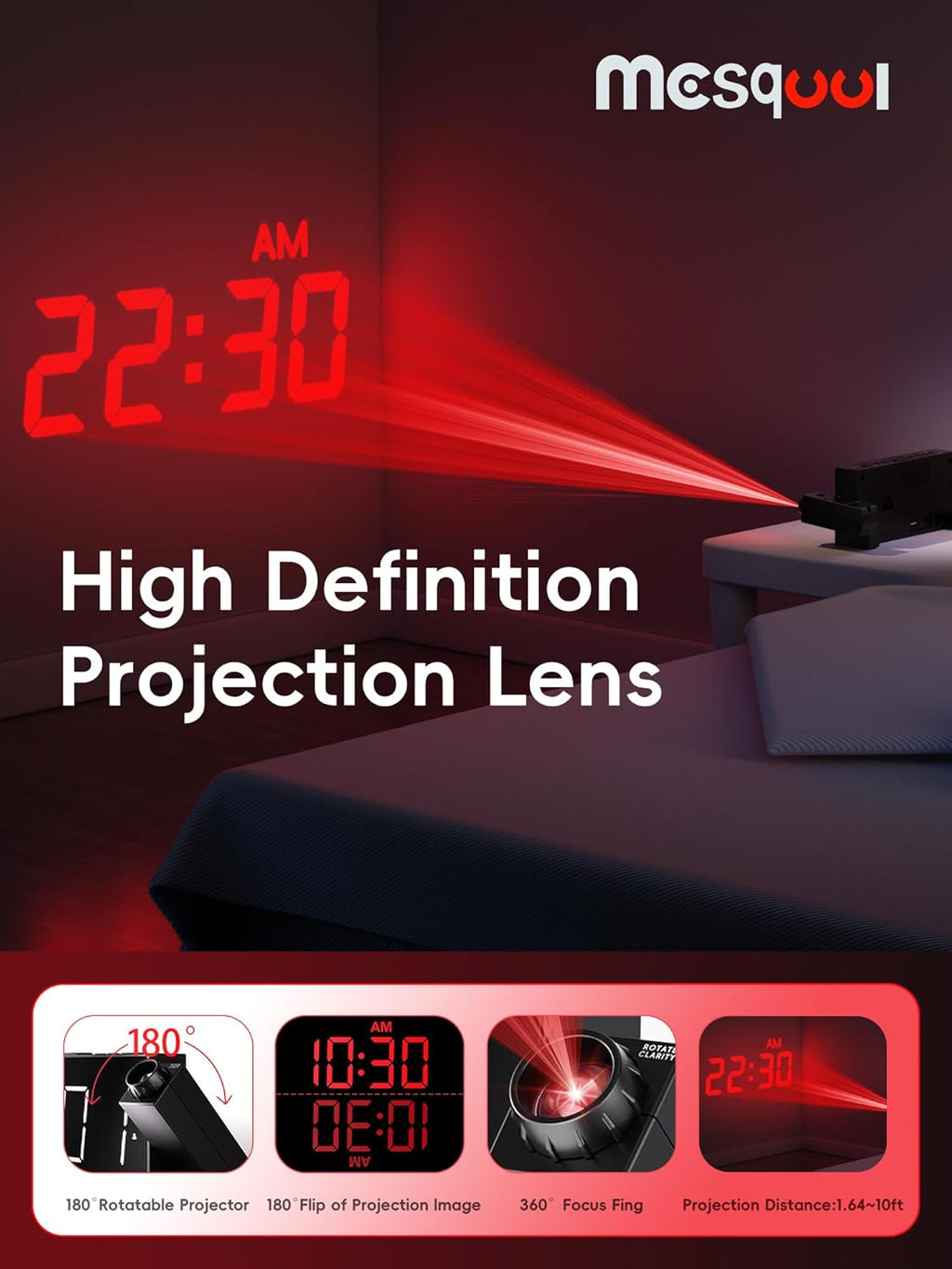 Digital Projection Alarm Clock with Dual Alarms, 180° Ceiling & Wall Projection, USB Charging