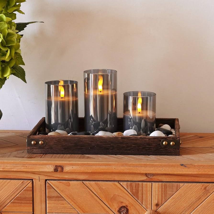 Grey Glass Flameless LED Candle Set with remote (3-Piece)