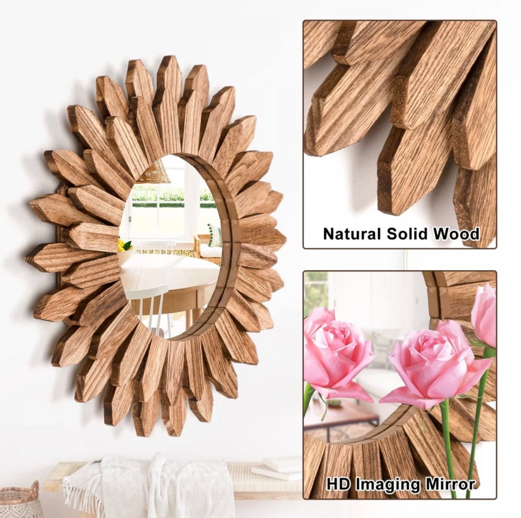 Rustic Sunburst Wooden Wall Mirror – 30cm Boho Chic Round Decorative Accent Mirror for Living Room & Hallway