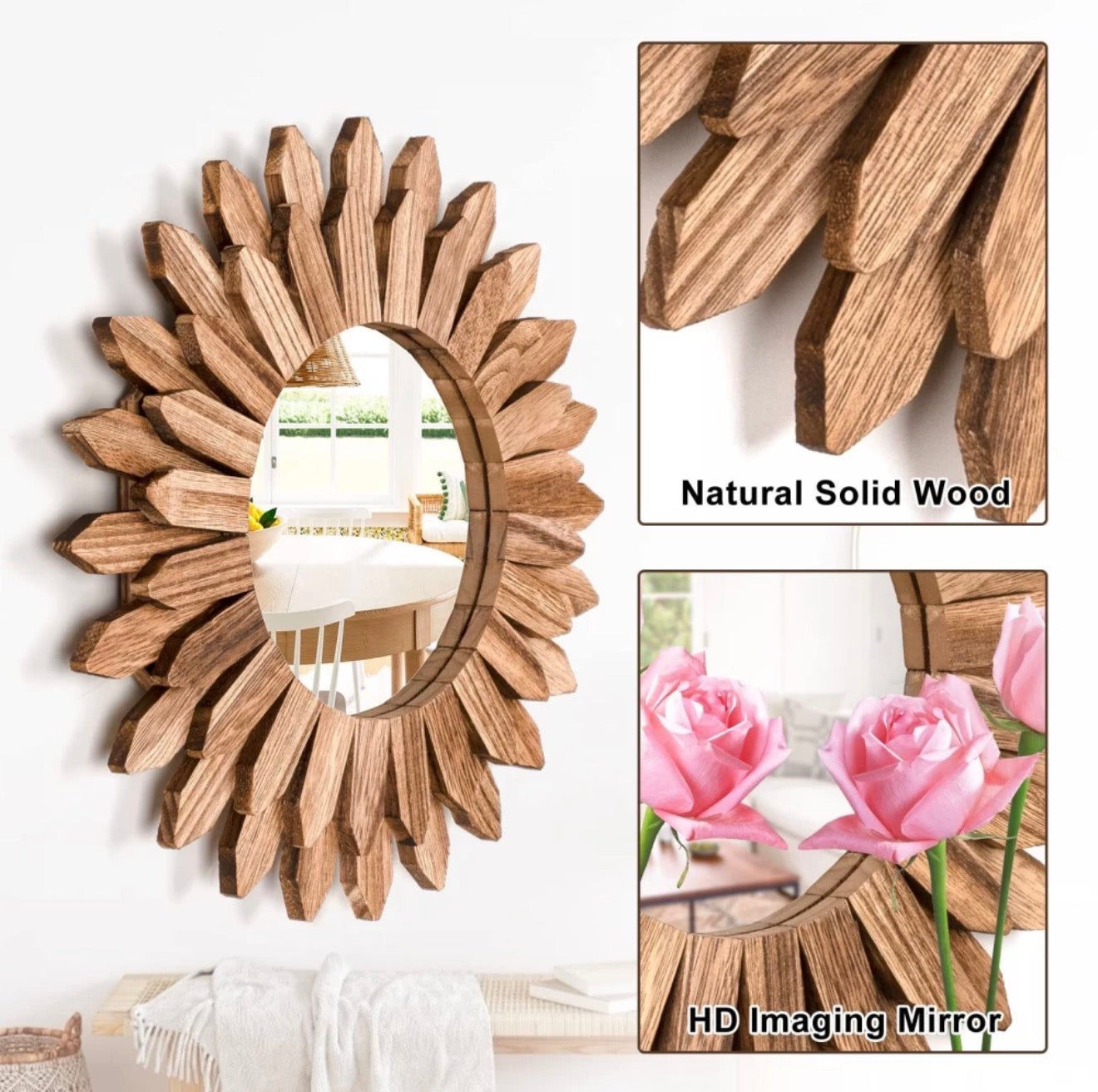 Rustic Sunburst Wooden Wall Mirror – 30cm Boho Chic Round Decorative Accent Mirror for Living Room & Hallway