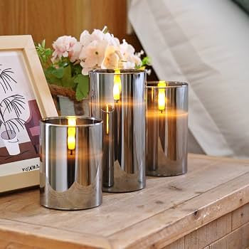 Grey Glass Flameless LED Candle Set with remote (3-Piece)