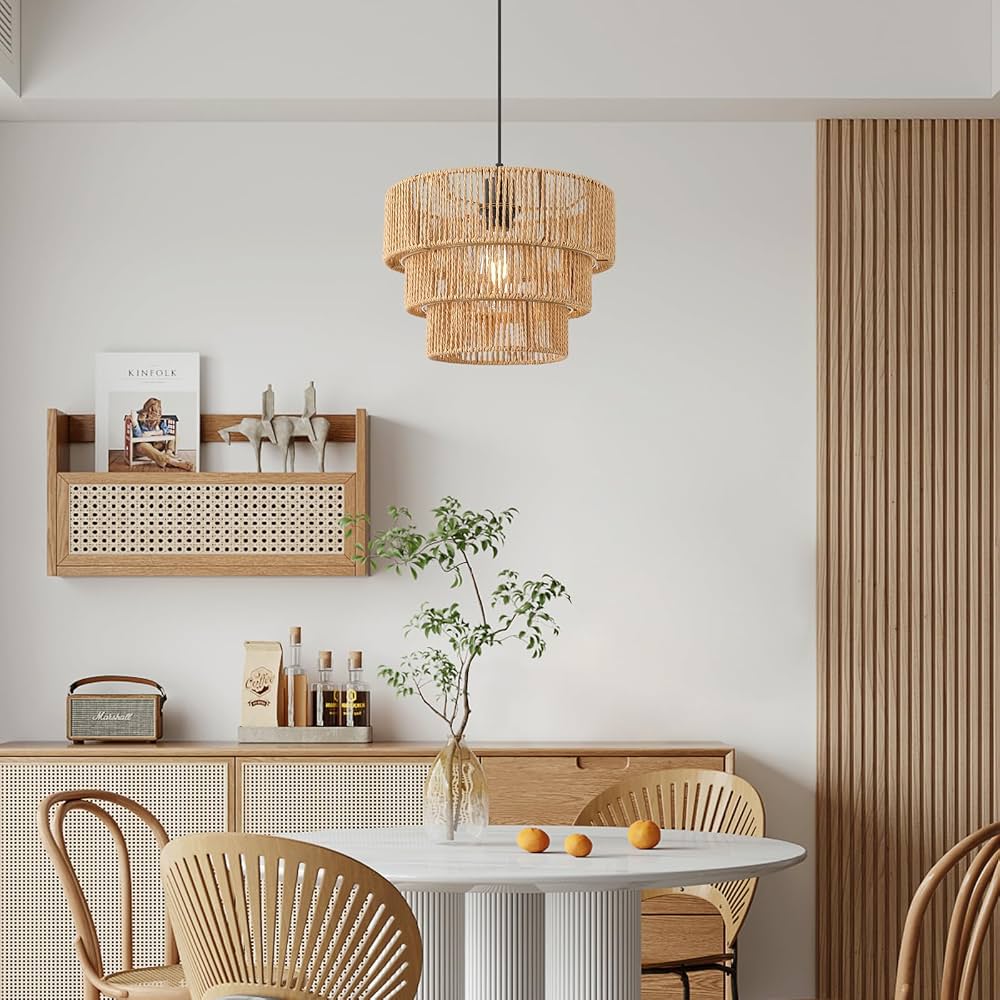 Boho Woven Rattan Pendant Light – Adjustable E27 Ceiling Lamp | Natural Paper Rope Hanging Light