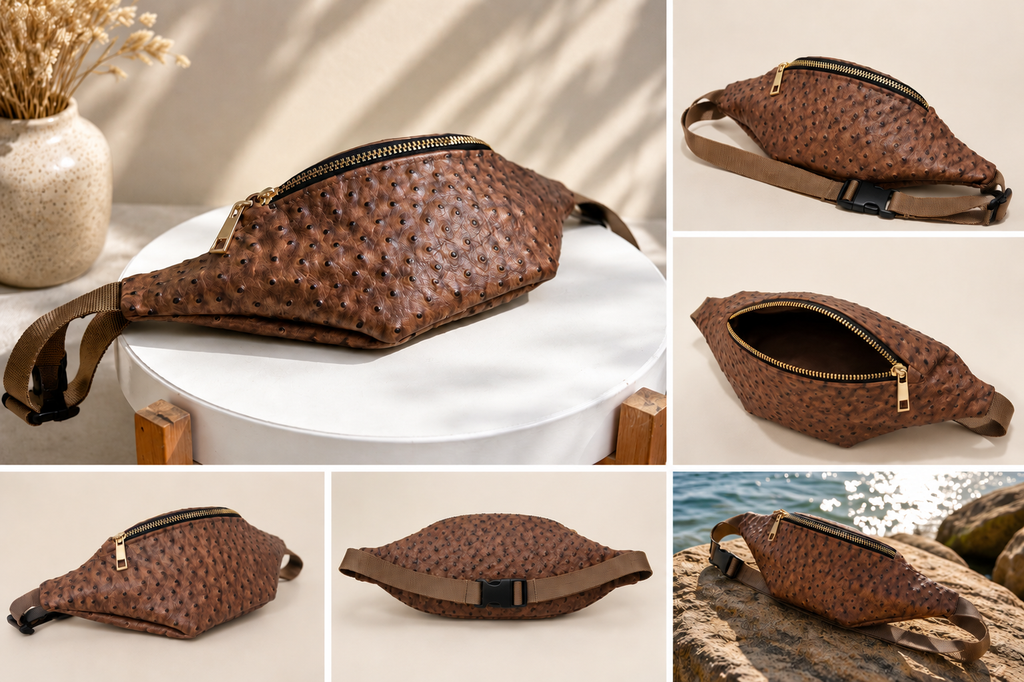 Brown Ostrich-Embossed Vegan Leather Belt Bag