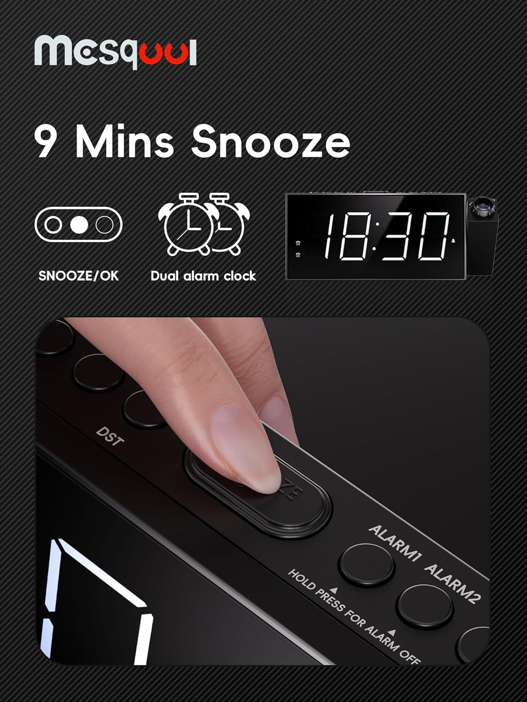 Digital Projection Alarm Clock with Dual Alarms, 180° Ceiling & Wall Projection, USB Charging