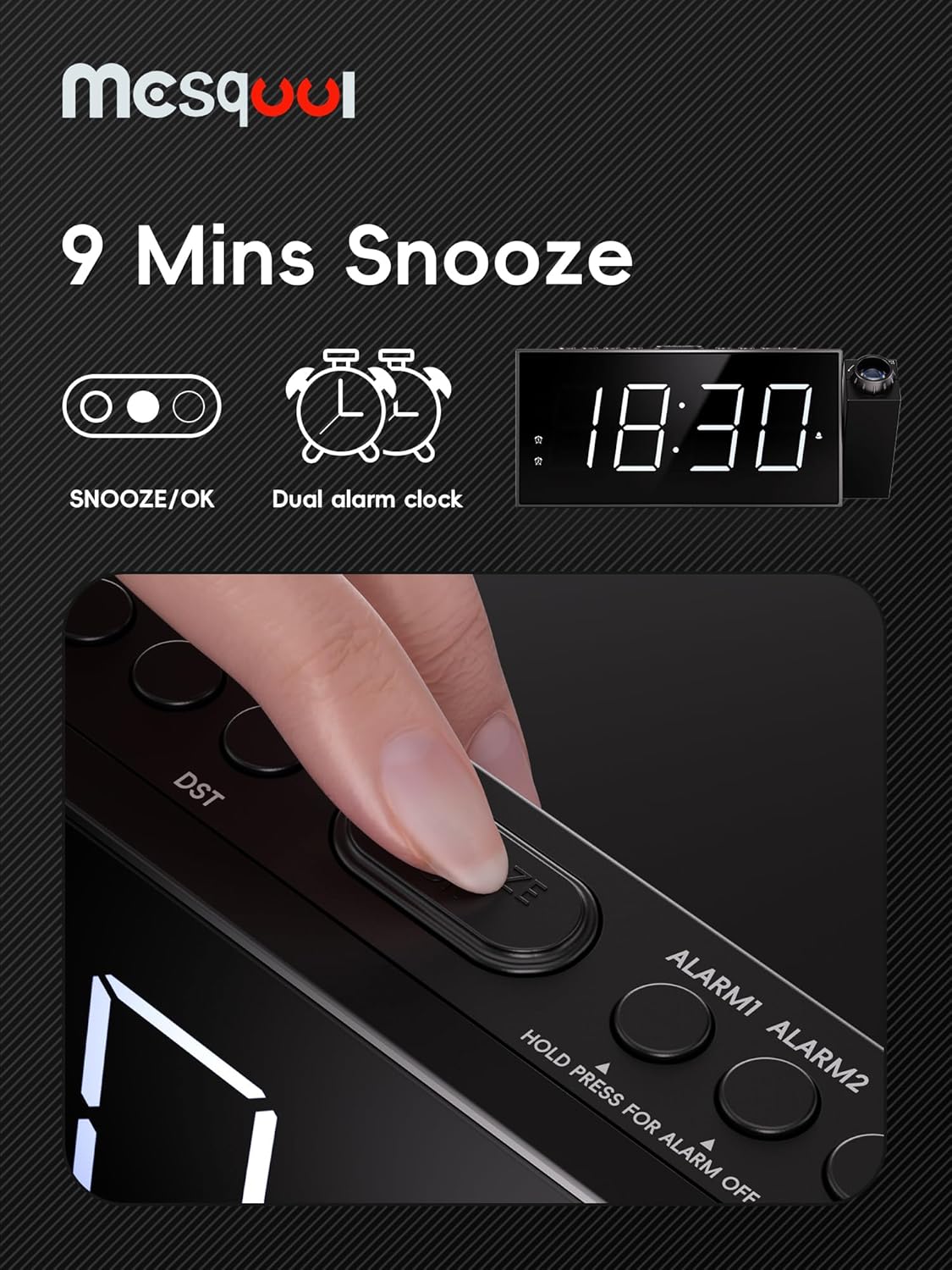 Digital Projection Alarm Clock with Dual Alarms, 180° Ceiling & Wall Projection, USB Charging