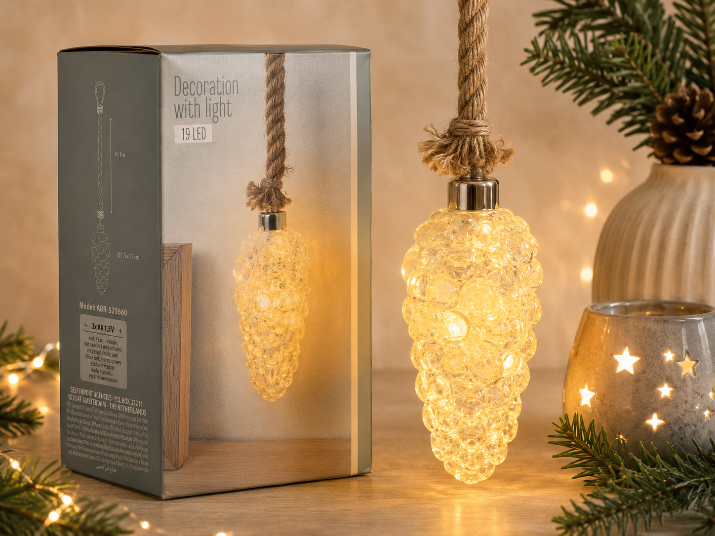 Luminous Glass Pinecone Light on Rustic Rope