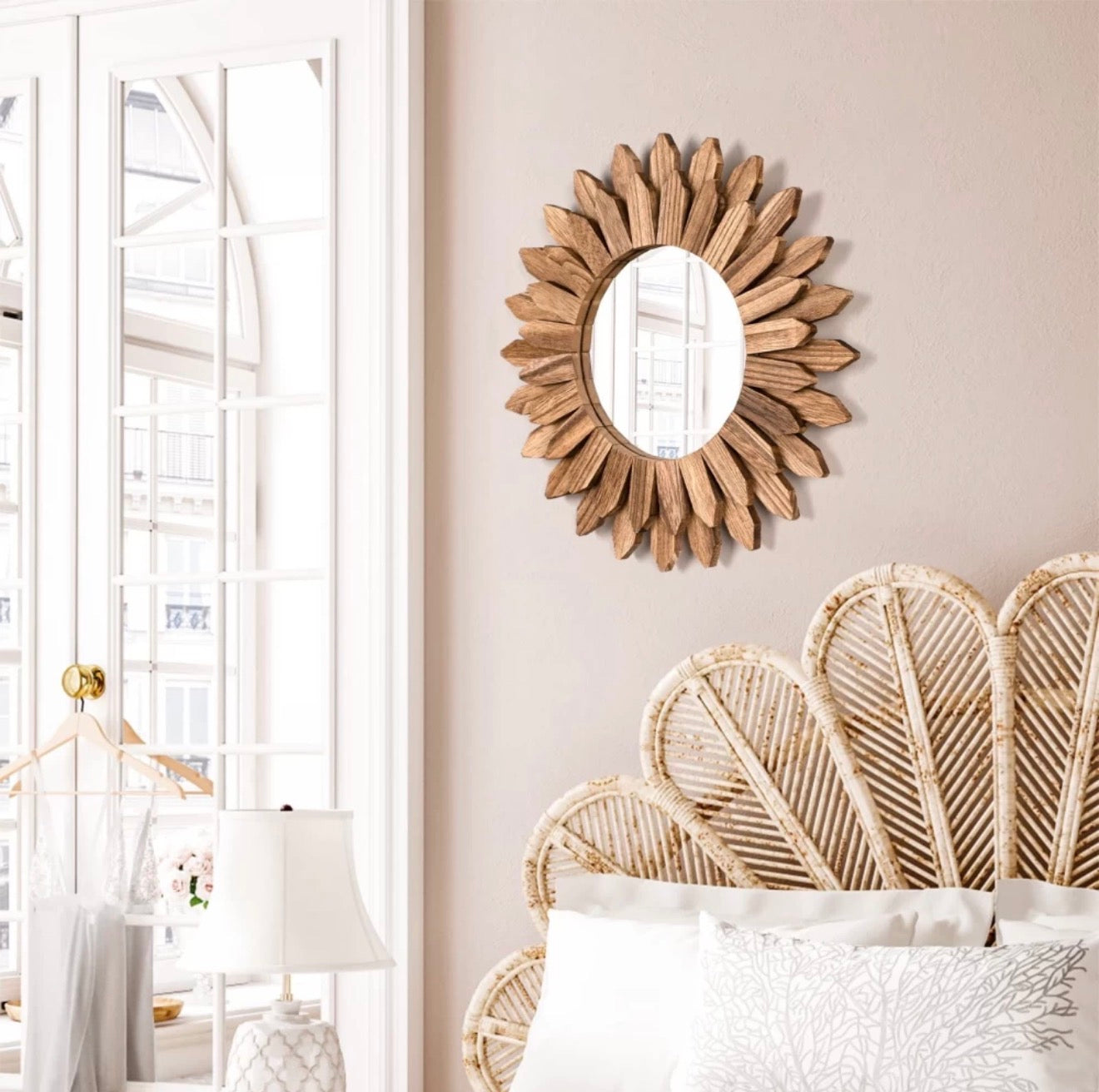 Rustic Sunburst Wooden Wall Mirror – 30cm Boho Chic Round Decorative Accent Mirror for Living Room & Hallway
