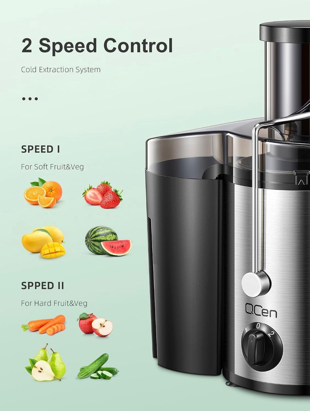 QCen 500W Centrifugal Juicer Extractor with Wide Feed Chute & Dual-Speed Control