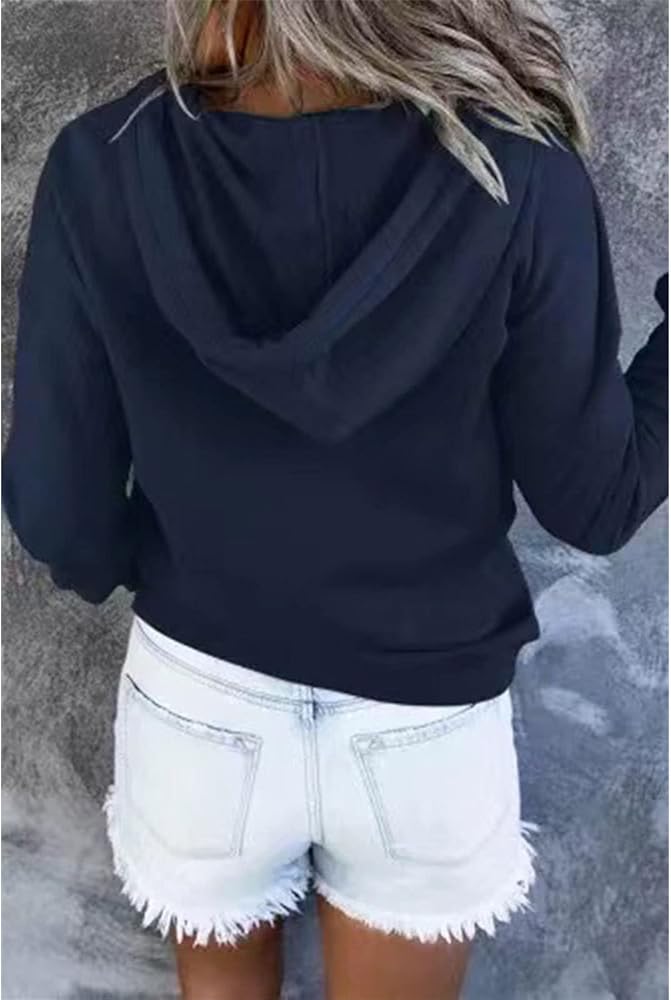 Women's Casual Button-Neck Long Sleeve Hoodie – Oversized Pullover Sweatshirt with Pocket
