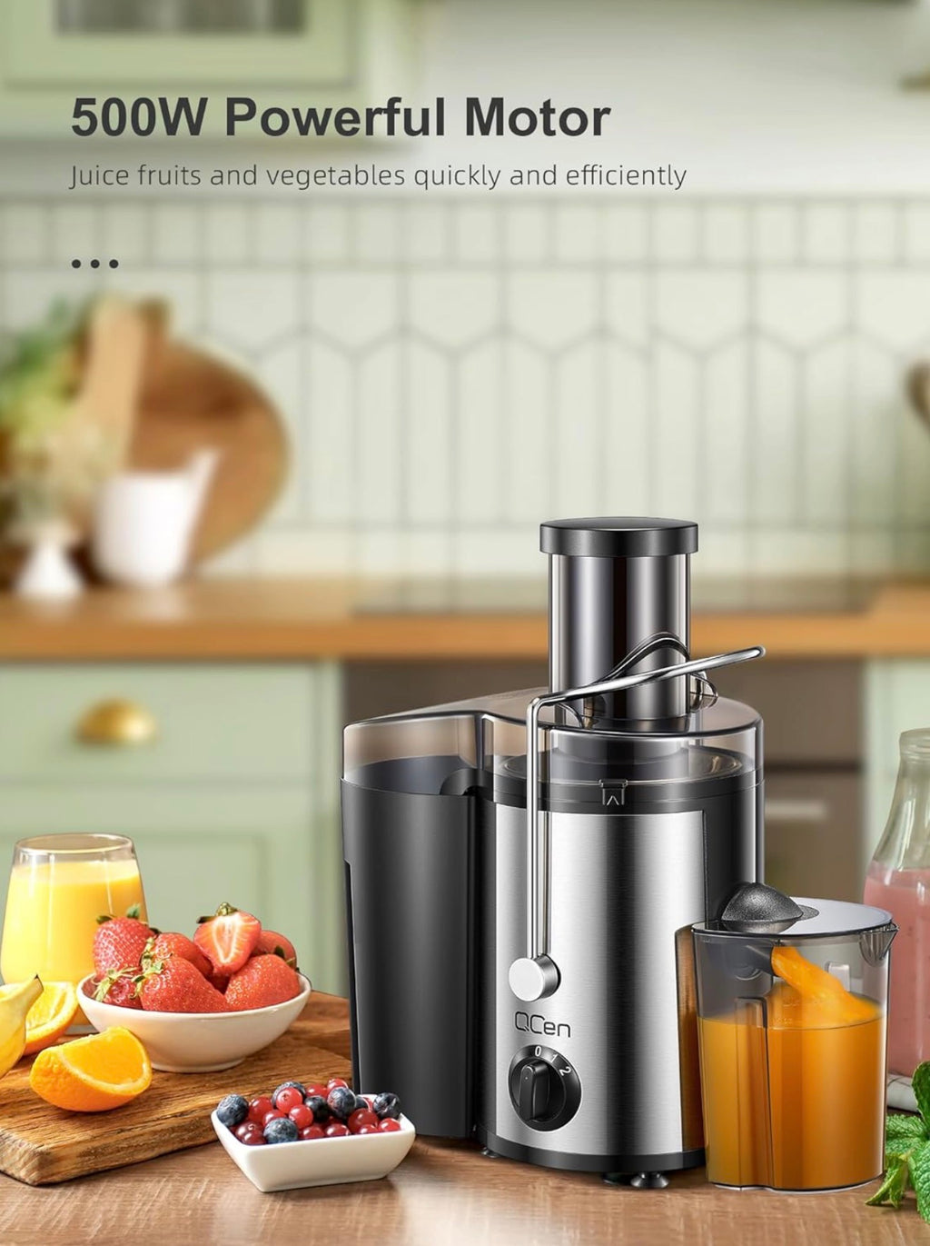 QCen 500W Centrifugal Juicer Extractor with Wide Feed Chute & Dual-Speed Control