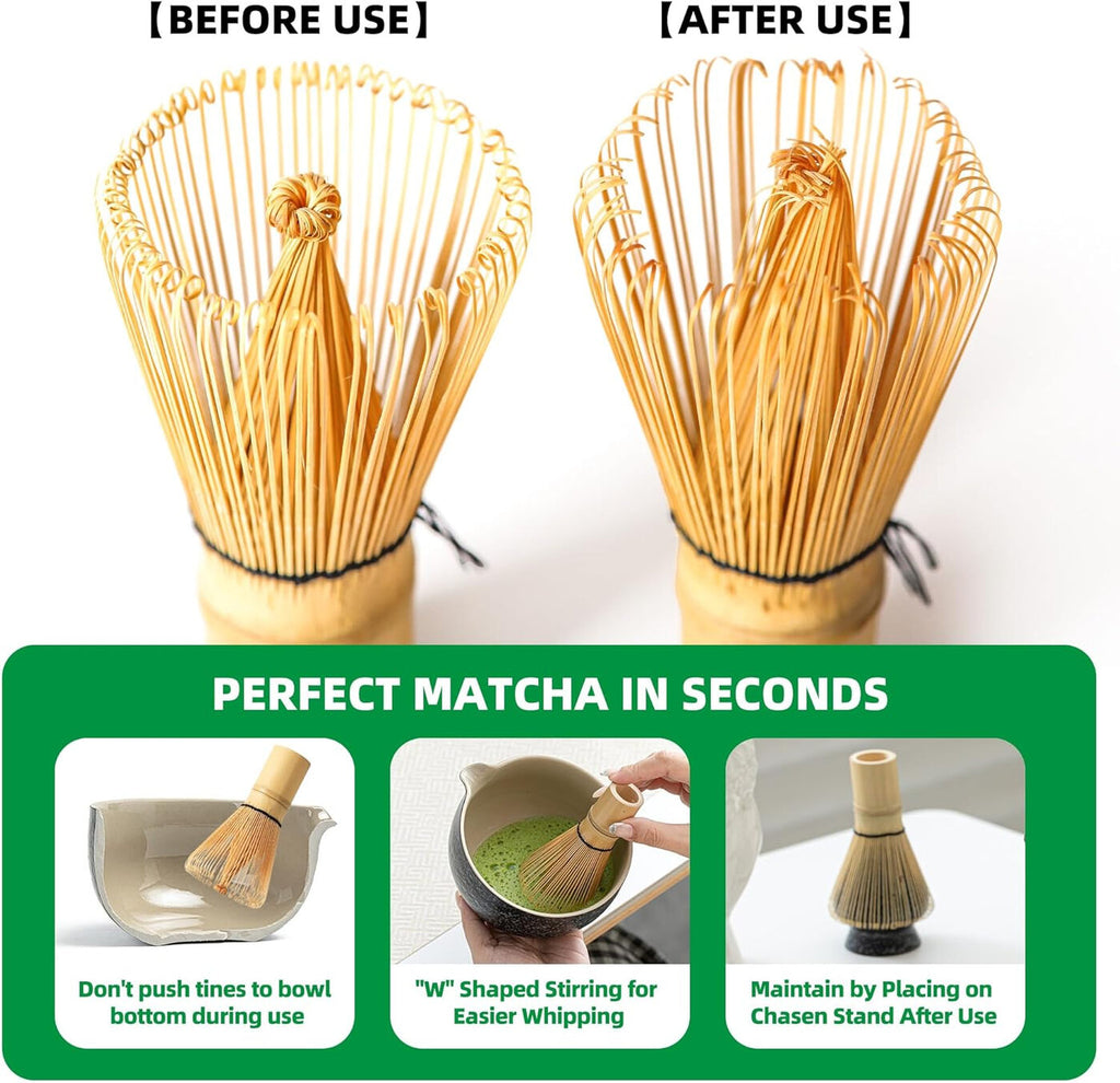 Matcha Tea Set with 100-Prong Bamboo Whisk, Scoop, Spoon & Ceramic Whisk Holder
