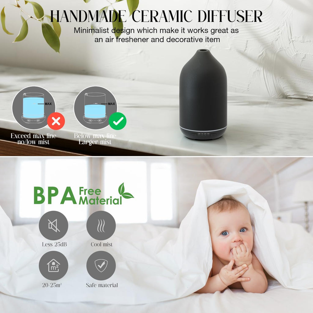 Natural Ceramic Ultrasonic Essential Oil Diffuser | 200ml Cool Mist Humidifier & 7-Color LED Aromatherapy