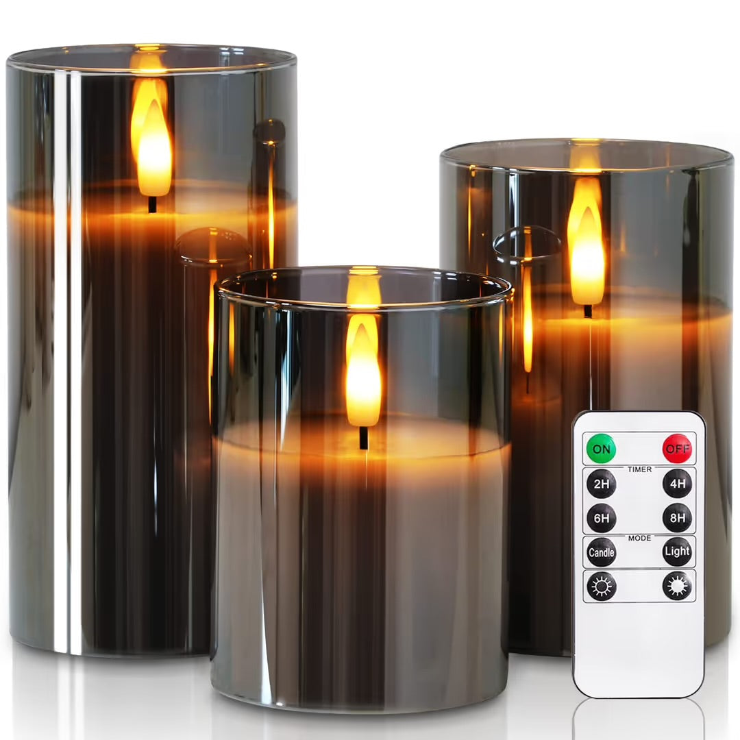 Grey Glass Flameless LED Candle Set with remote (3-Piece)