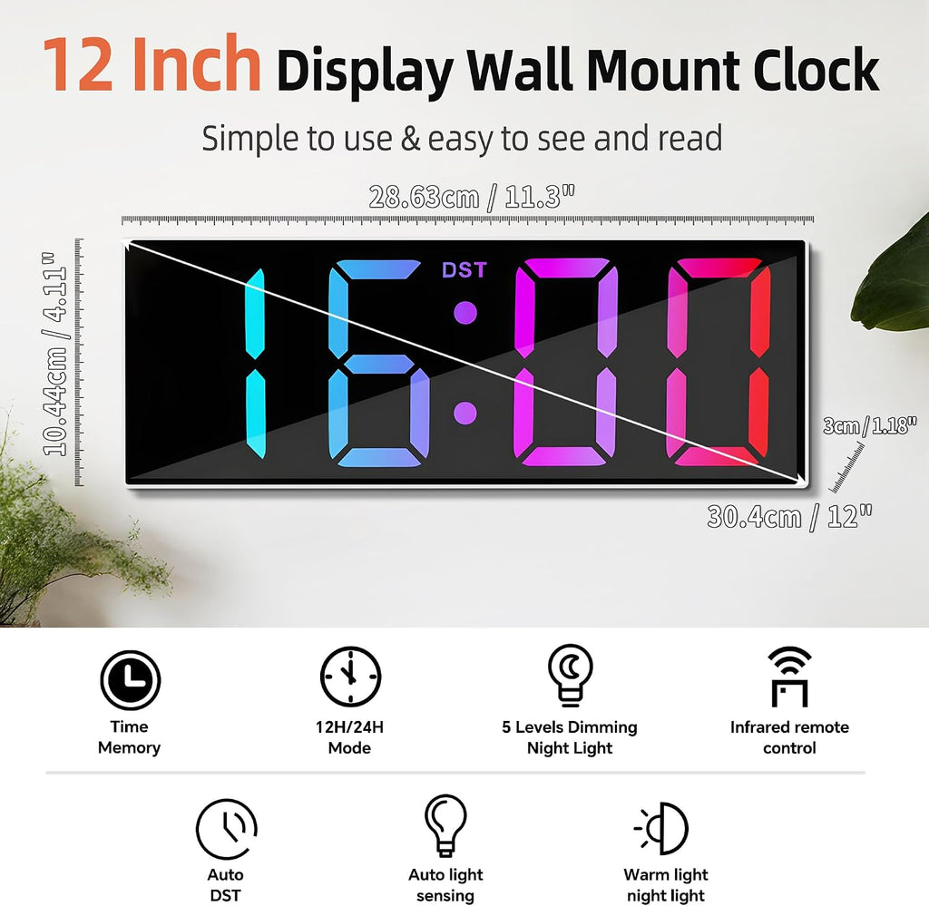 30.4 cm Large Digital Wall Clock with Remote Control