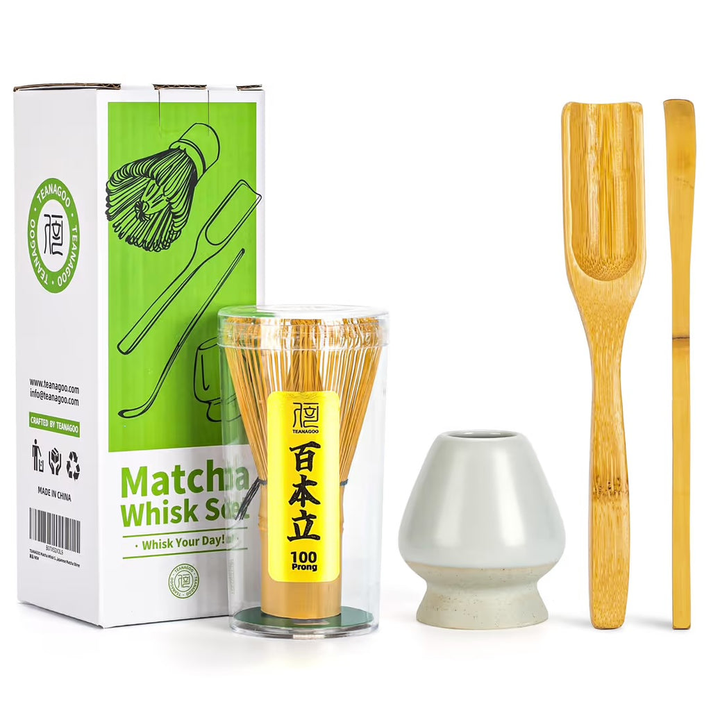 Matcha Tea Set with 100-Prong Bamboo Whisk, Scoop, Spoon & Ceramic Whisk Holder