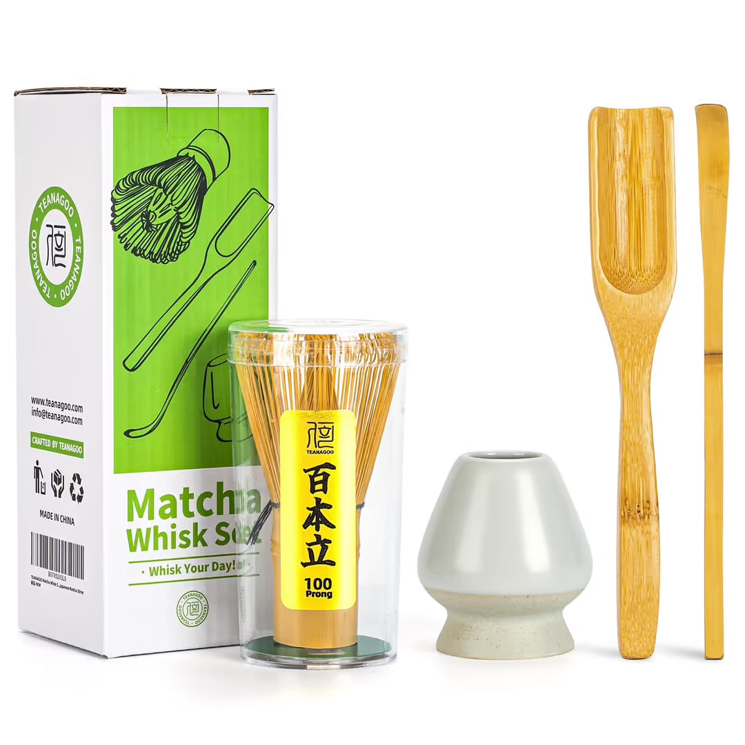 Matcha Tea Set with 100-Prong Bamboo Whisk, Scoop, Spoon & Ceramic Whisk Holder