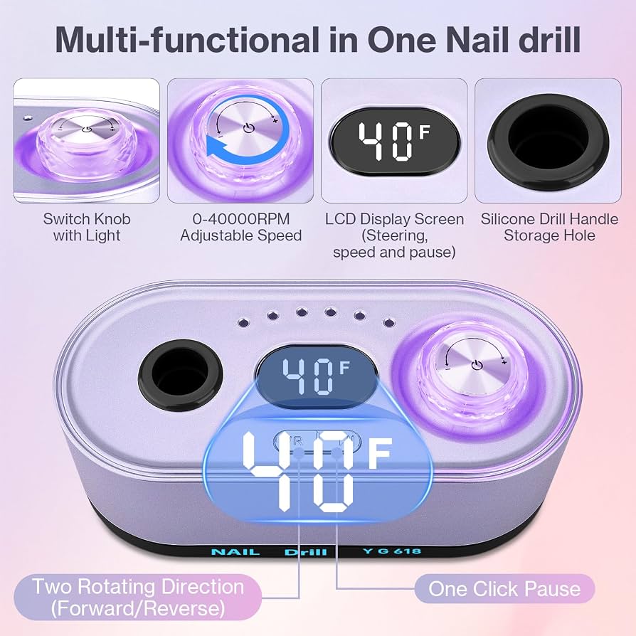 Professional Electric Nail Drill 40000RPM | Urbuti 36W E-File with Smart LCD Screen & 12 Bits (Purple)