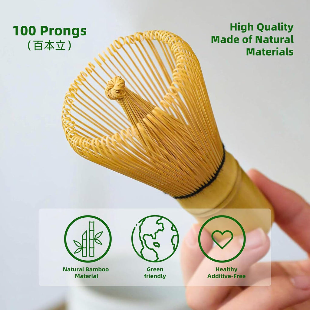 Matcha Tea Set with 100-Prong Bamboo Whisk, Scoop, Spoon & Ceramic Whisk Holder