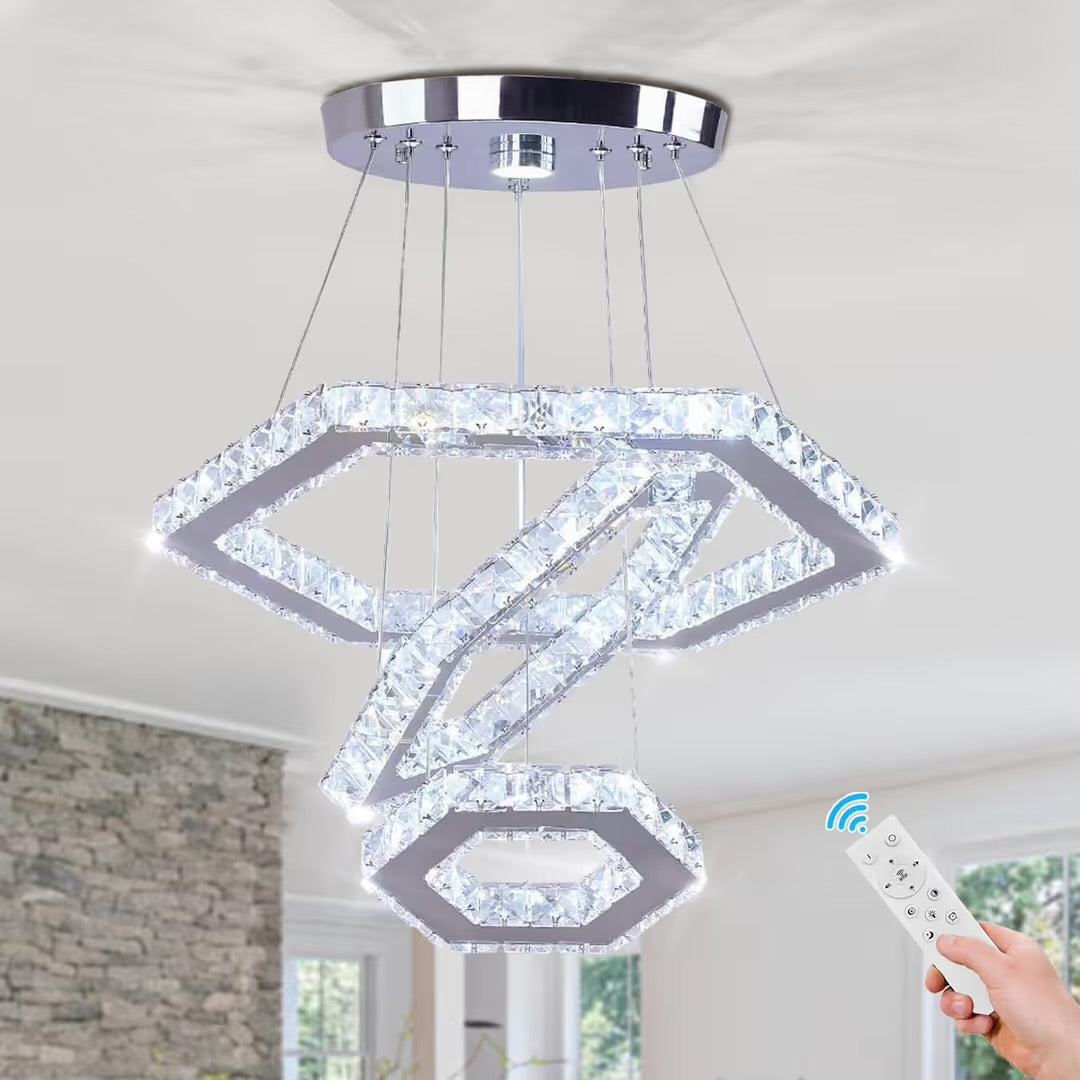 Modern 3-Ring K9 Crystal LED Chandelier – Dimmable Pendant Ceiling Light With Remote