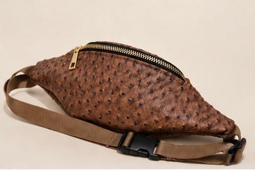 Brown Ostrich-Embossed Vegan Leather Belt Bag