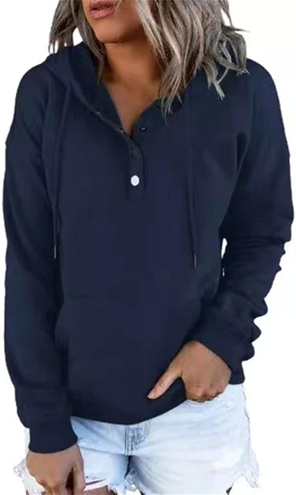 Women's Casual Button-Neck Long Sleeve Hoodie – Oversized Pullover Sweatshirt with Pocket