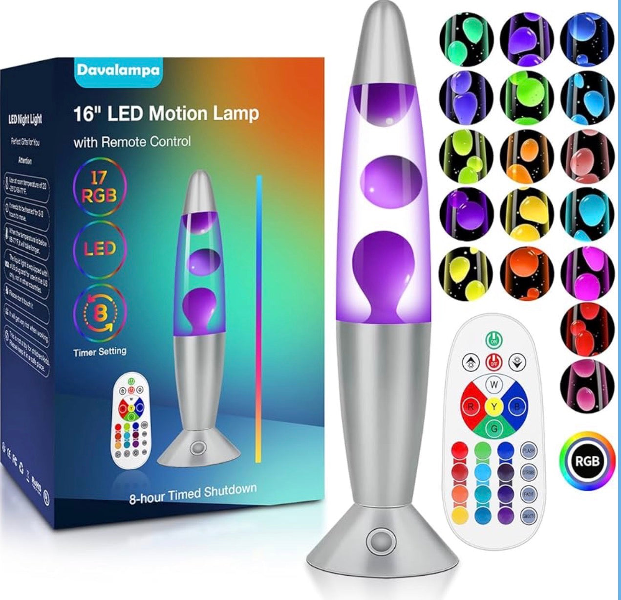 Davalampa 16" LED Liquid Motion Lava Lamp – 17-Color RGB Remote Control, 4 Dynamic Modes & 8-Hour Timer
