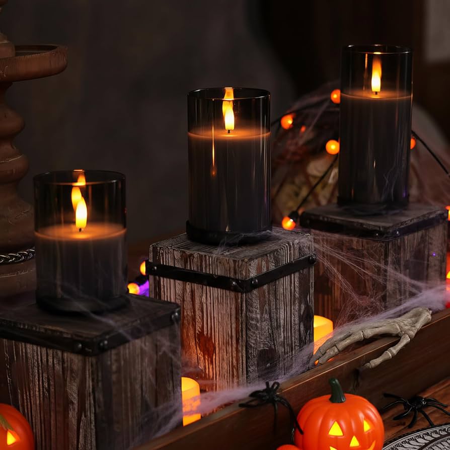 Grey Glass Flameless LED Candle Set with remote (3-Piece)