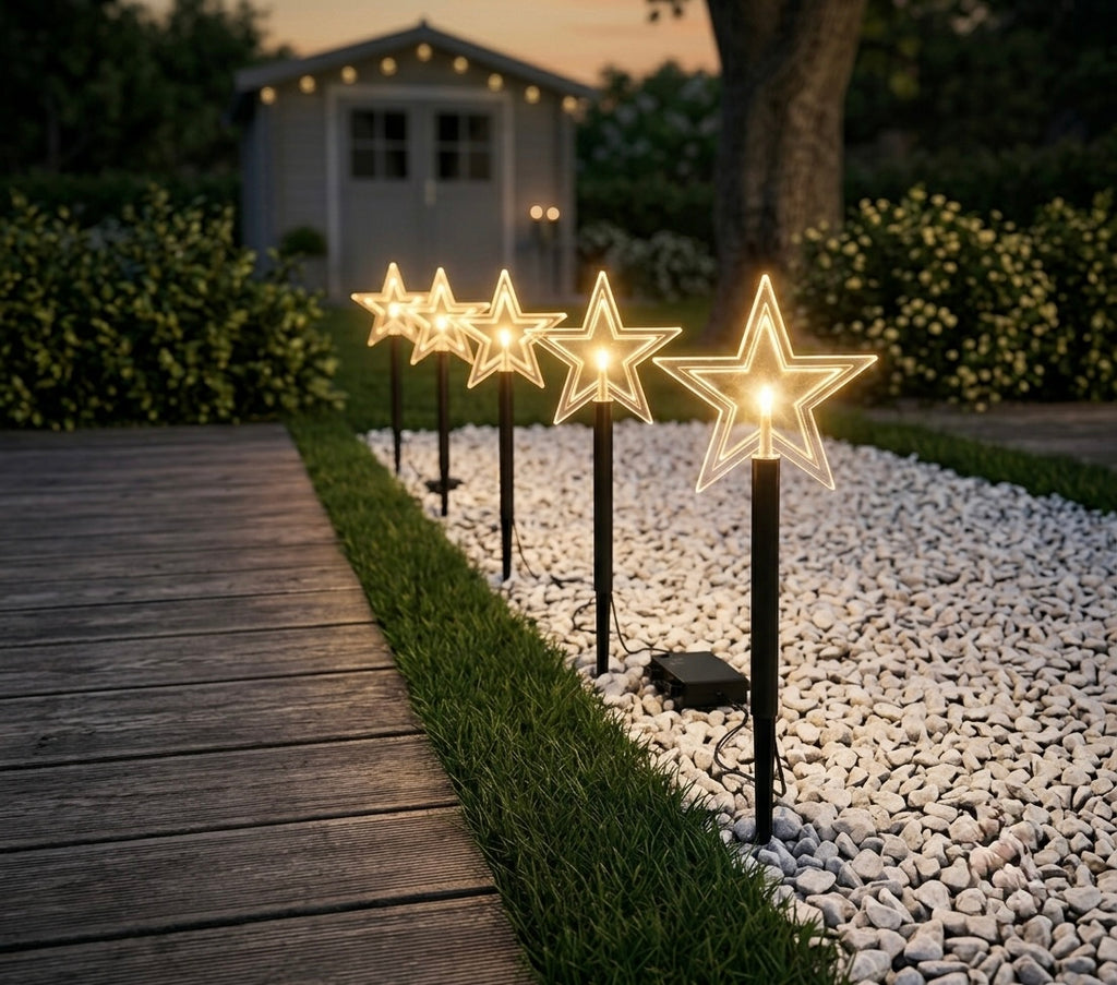 5-Pack LED Outdoor Star Pathway Lights – Battery-Operated Garden Stake Lights with Timer (Warm White)