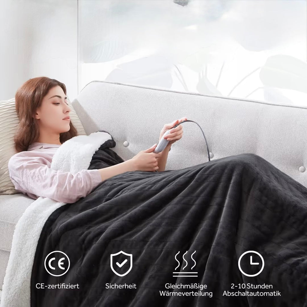 Electric Heated Throw Blanket | 130x180cm Reversible Flannel Sherpa with 9 Heat Levels & Auto-Off