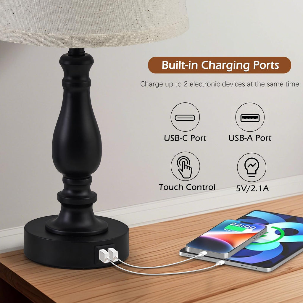 Modern Bedside Table Lamps – Set of 2 with USB-A & USB-C Charging Ports