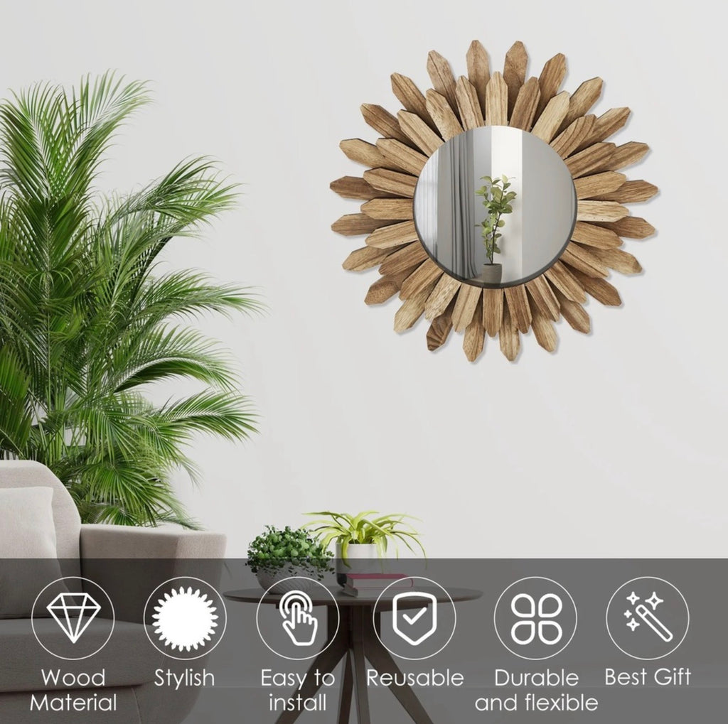 Rustic Sunburst Wooden Wall Mirror – 30cm Boho Chic Round Decorative Accent Mirror for Living Room & Hallway